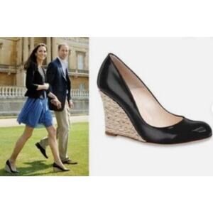 LK Bennett Maddox Wedge Espadrille Shoes Patent Leather Womens 5 35 Heels Black